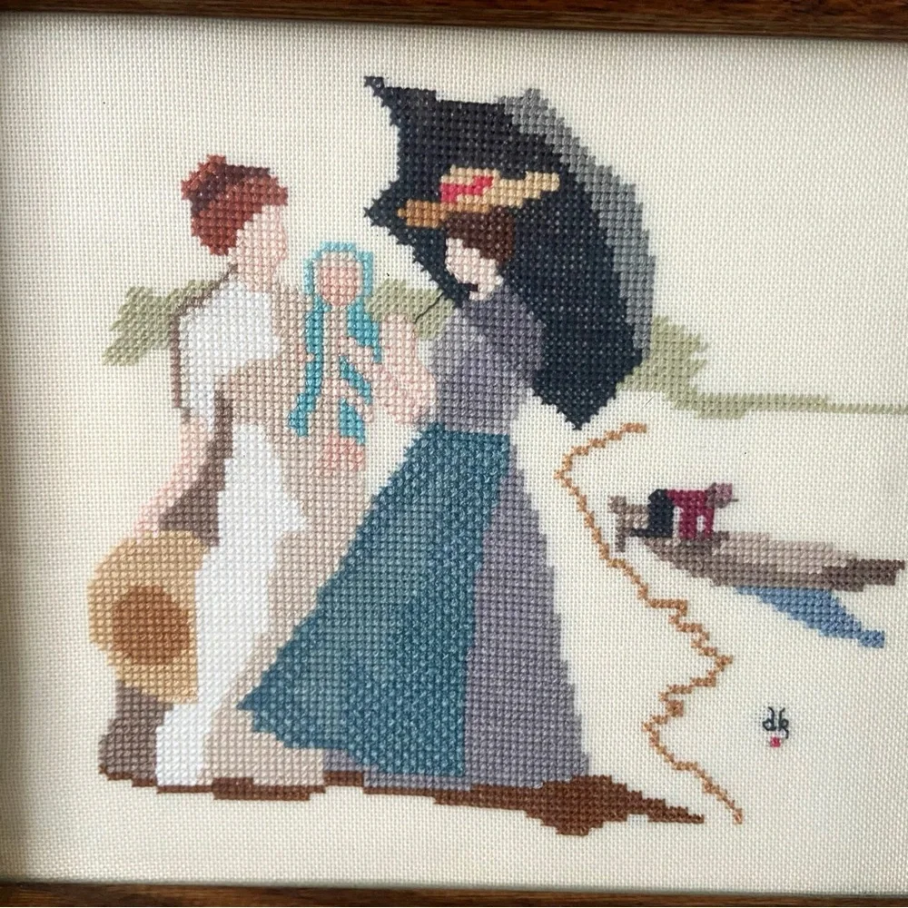 Vintage cross stitch art work in wood frame Victorian women family home decor